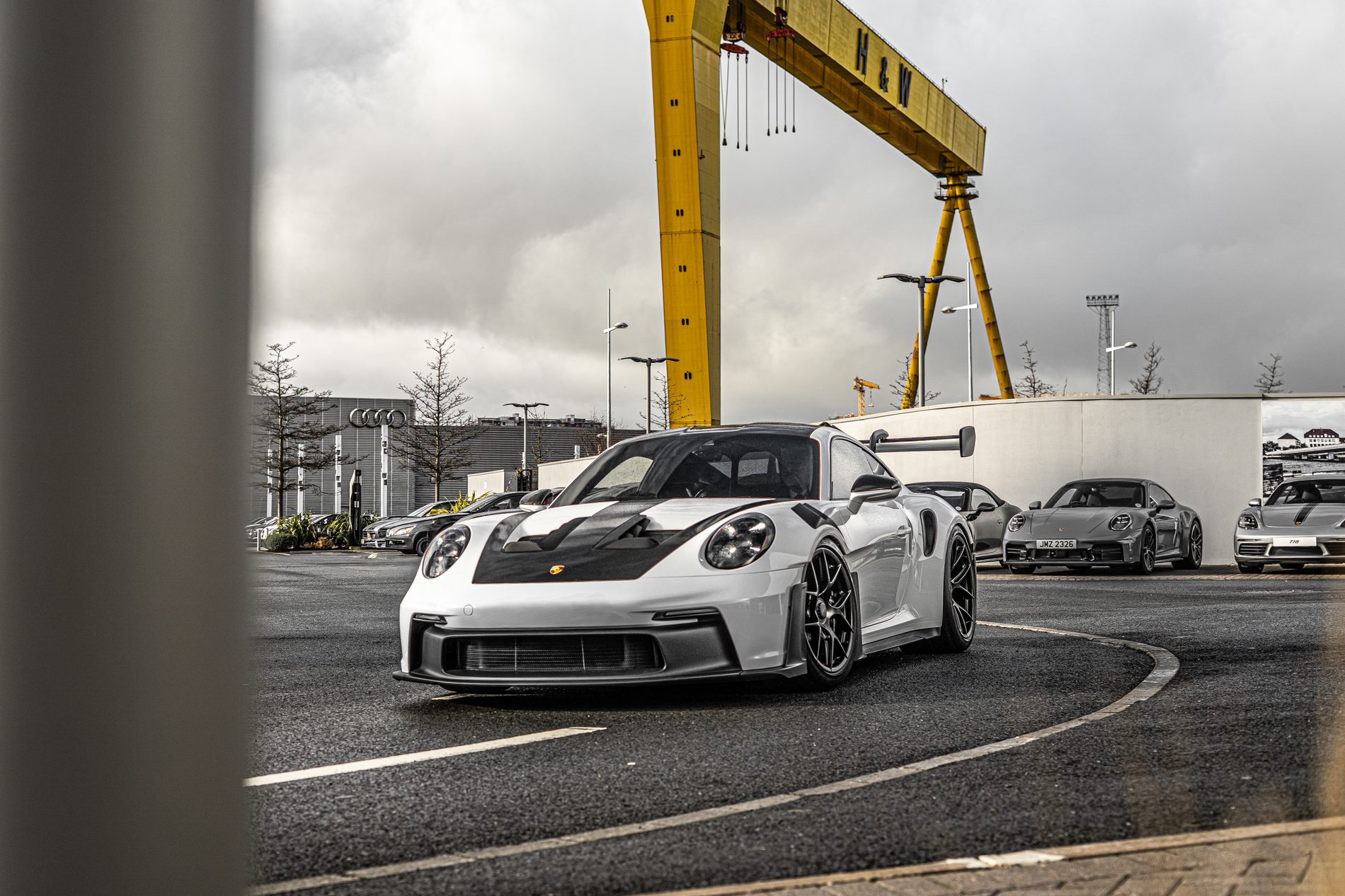 White Porsche GT3 RS at Harland & Wolff, Belfast